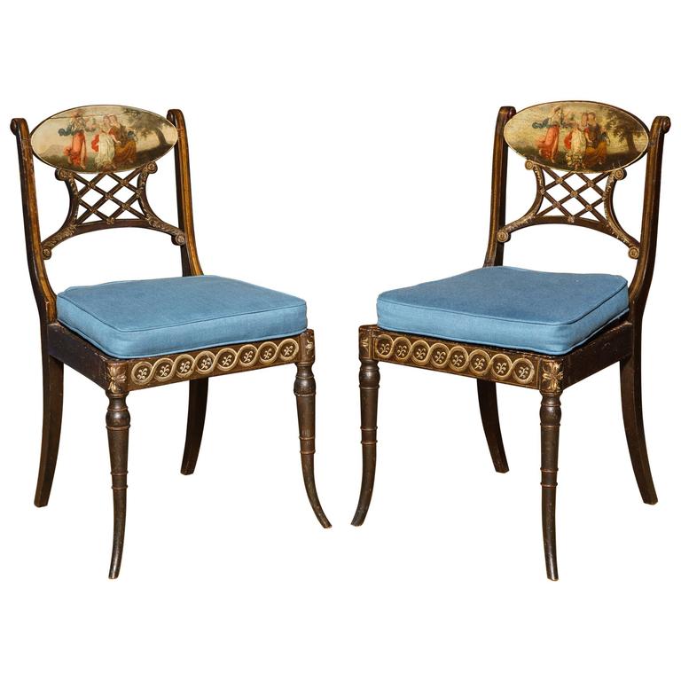 Sheraton Polychrome Faux Rosewood Side Chairs, English, circa 1795 For