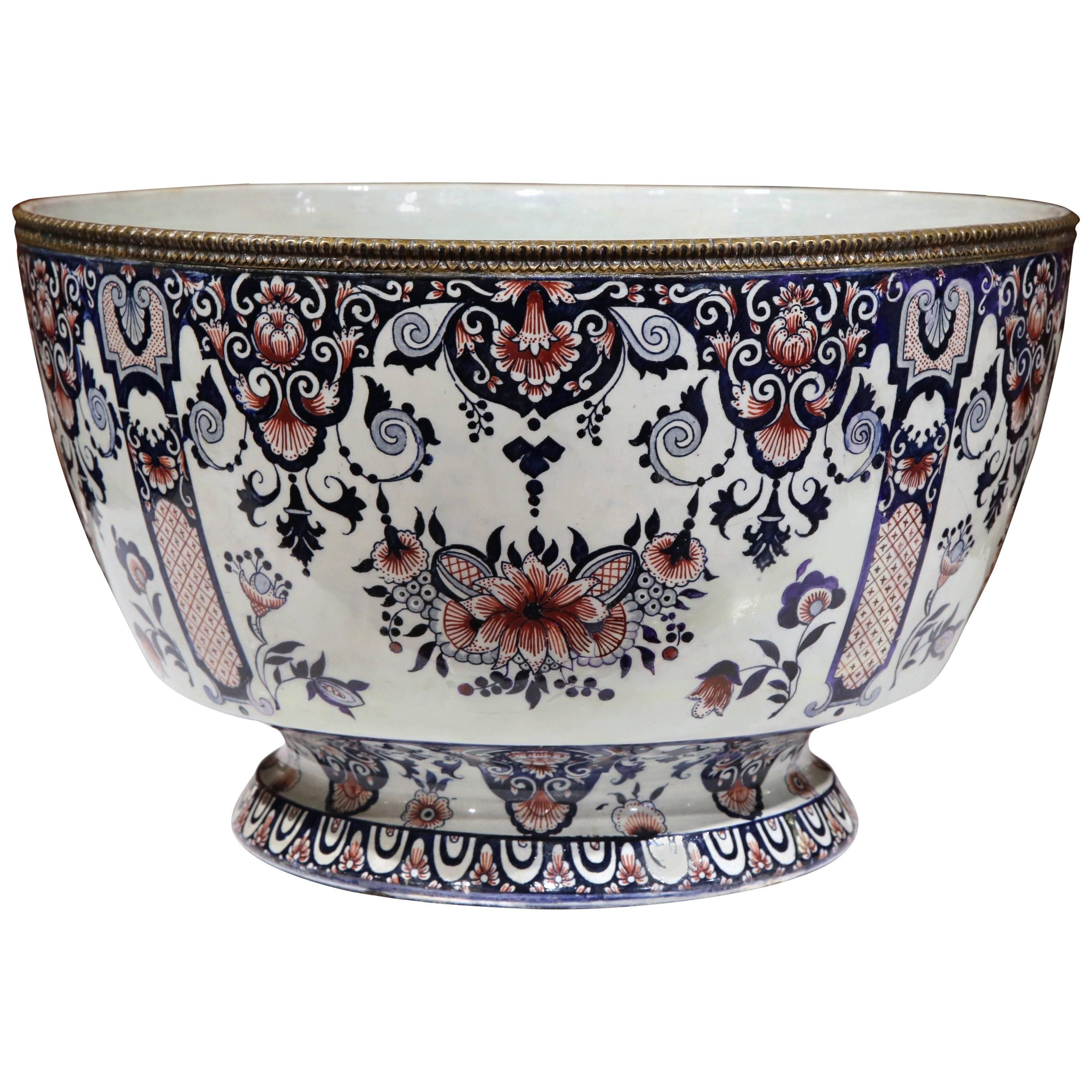 19th Century French Hand-Painted Faience Cache Pot from Gien