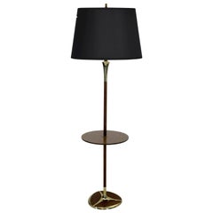 Walnut and Brass Floor Lamp with Floating Table by Laurel Lamp Company