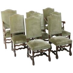Mid-20th Century French Louis XIII Style Green Mohair Mutton Leg Dining Chairs