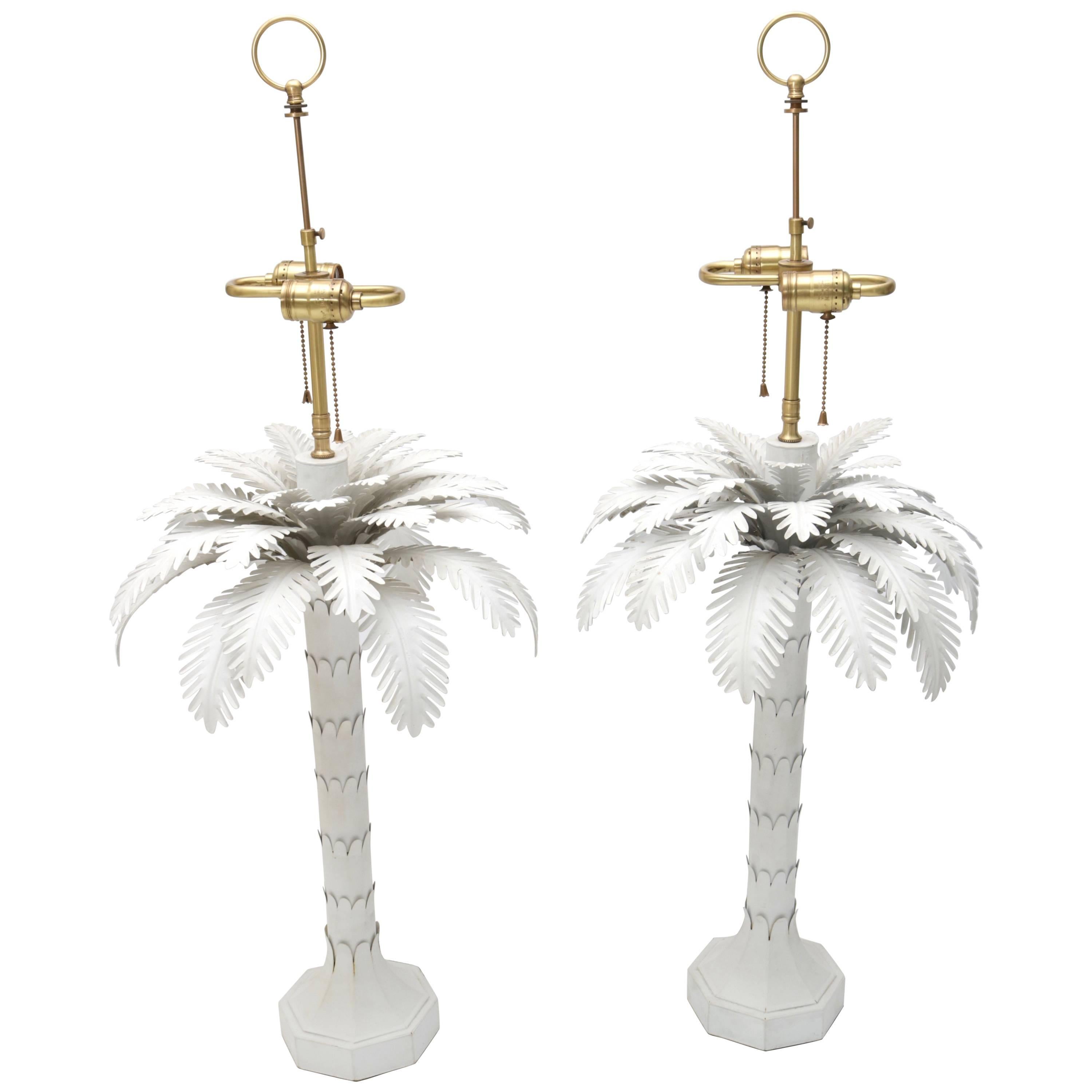 Pair of Hollywood Regency Style, White, Tole, Palm Tree Table Lamps