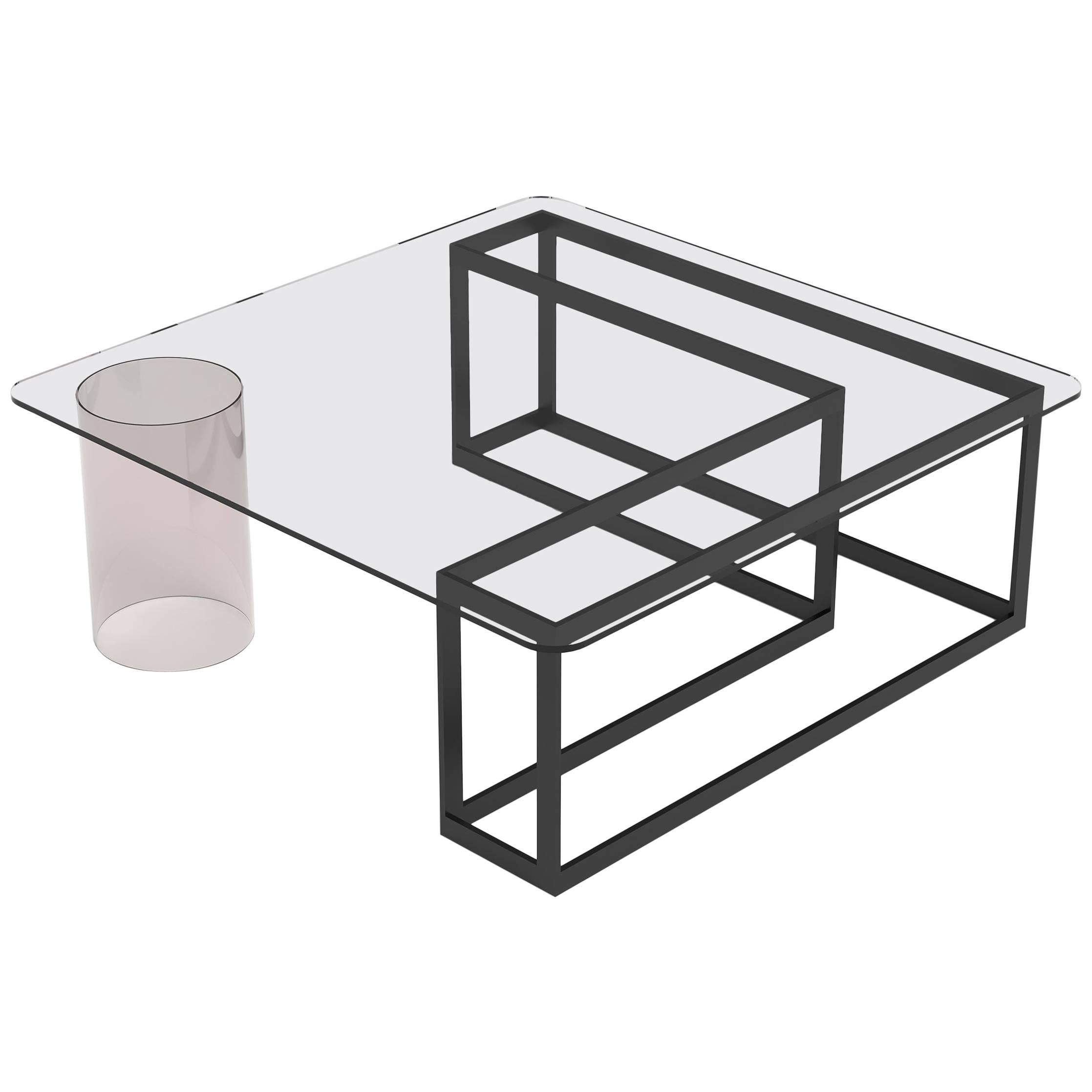 Nunki Coffee Table, Square, Powder Coated Base and Clear Glass For Sale