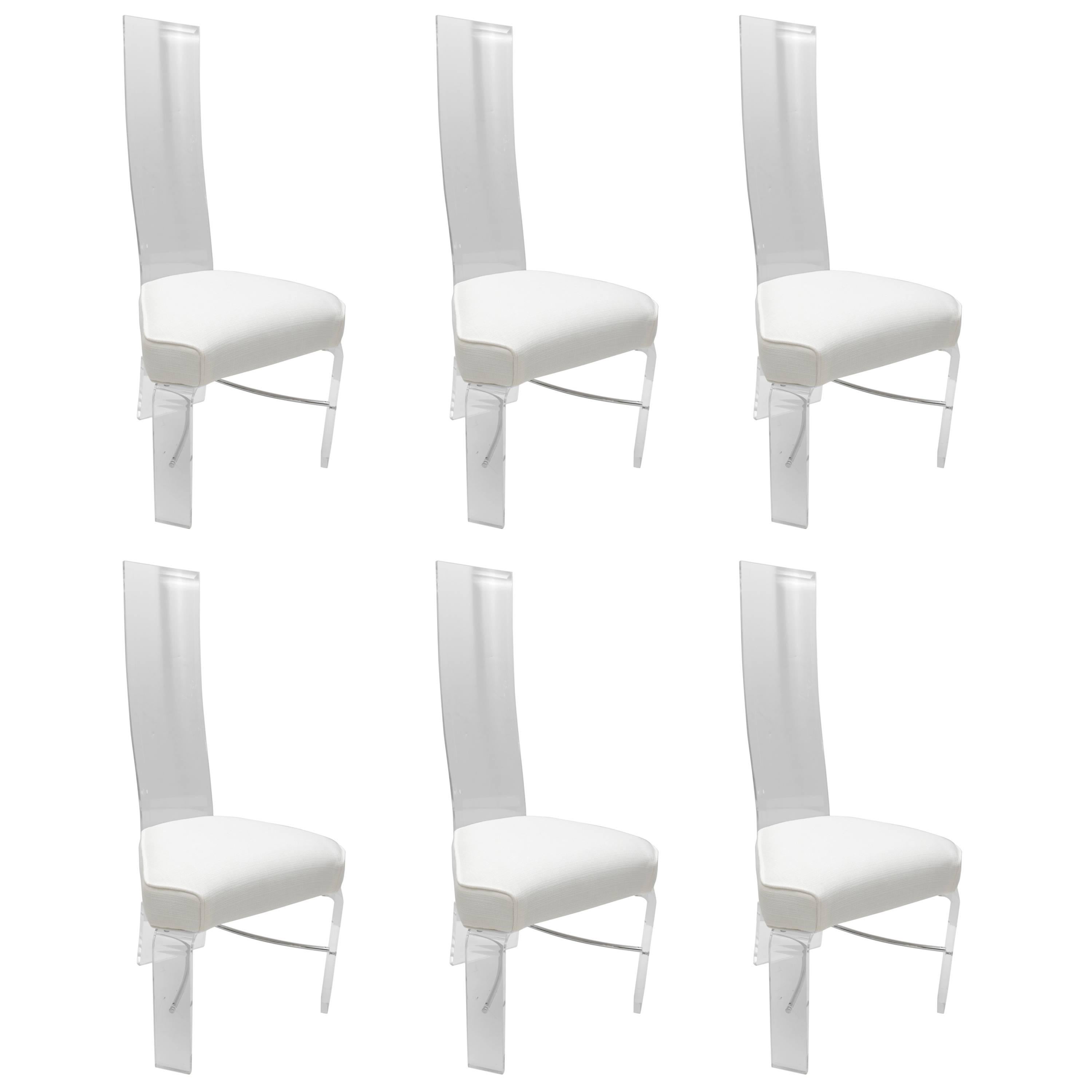 Set of Six Lucite and Chrome Dining Chairs with White Upholstery