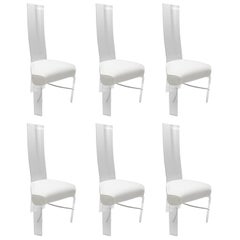 Set of Six Lucite and Chrome Dining Chairs with White Upholstery