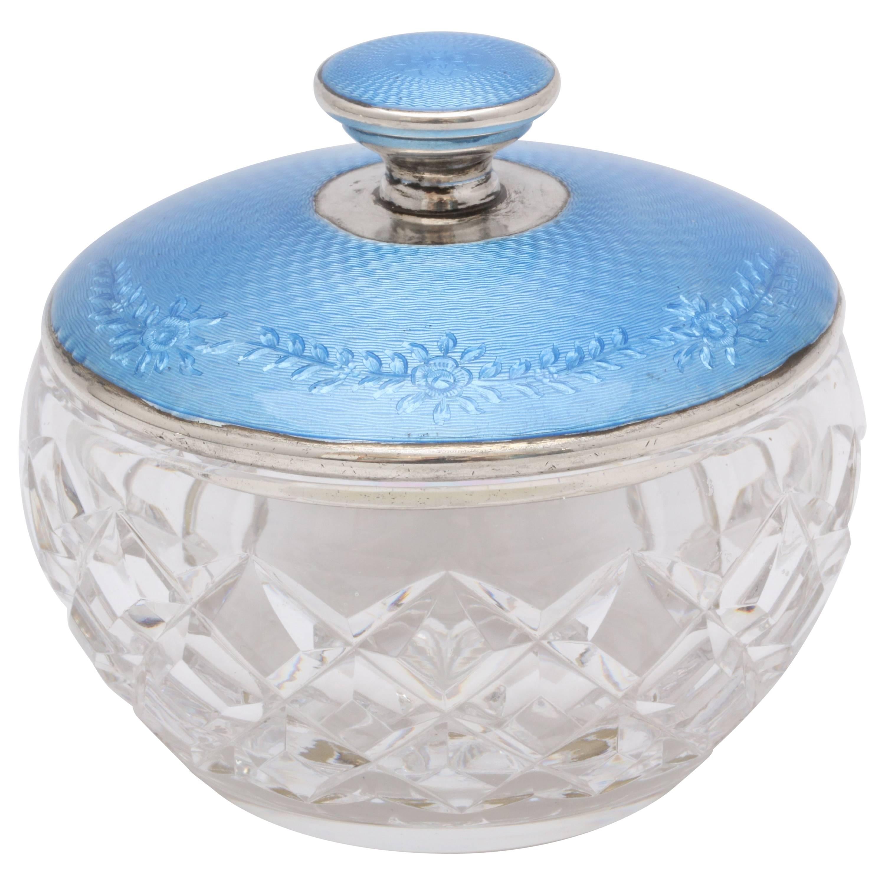 Art Deco Sterling Silver and Blue Guilloche Enamel-Mounted Crystal Powder Jar