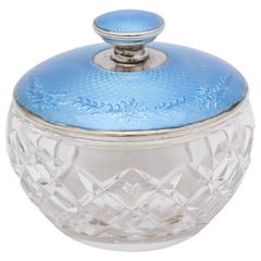 Vintage Art Deco Sterling Silver and Blue Guilloche Enamel-Mounted Crystal Powder Jar