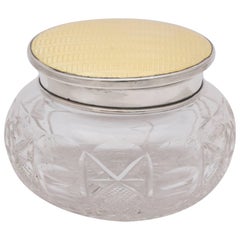 Retro Art Deco Sterling Silver and Yellow Guilloche Enamel and Crystal Powder Jar