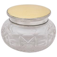 Art Deco Sterling Silver and Yellow Guilloche Enamel and Crystal Powder Jar