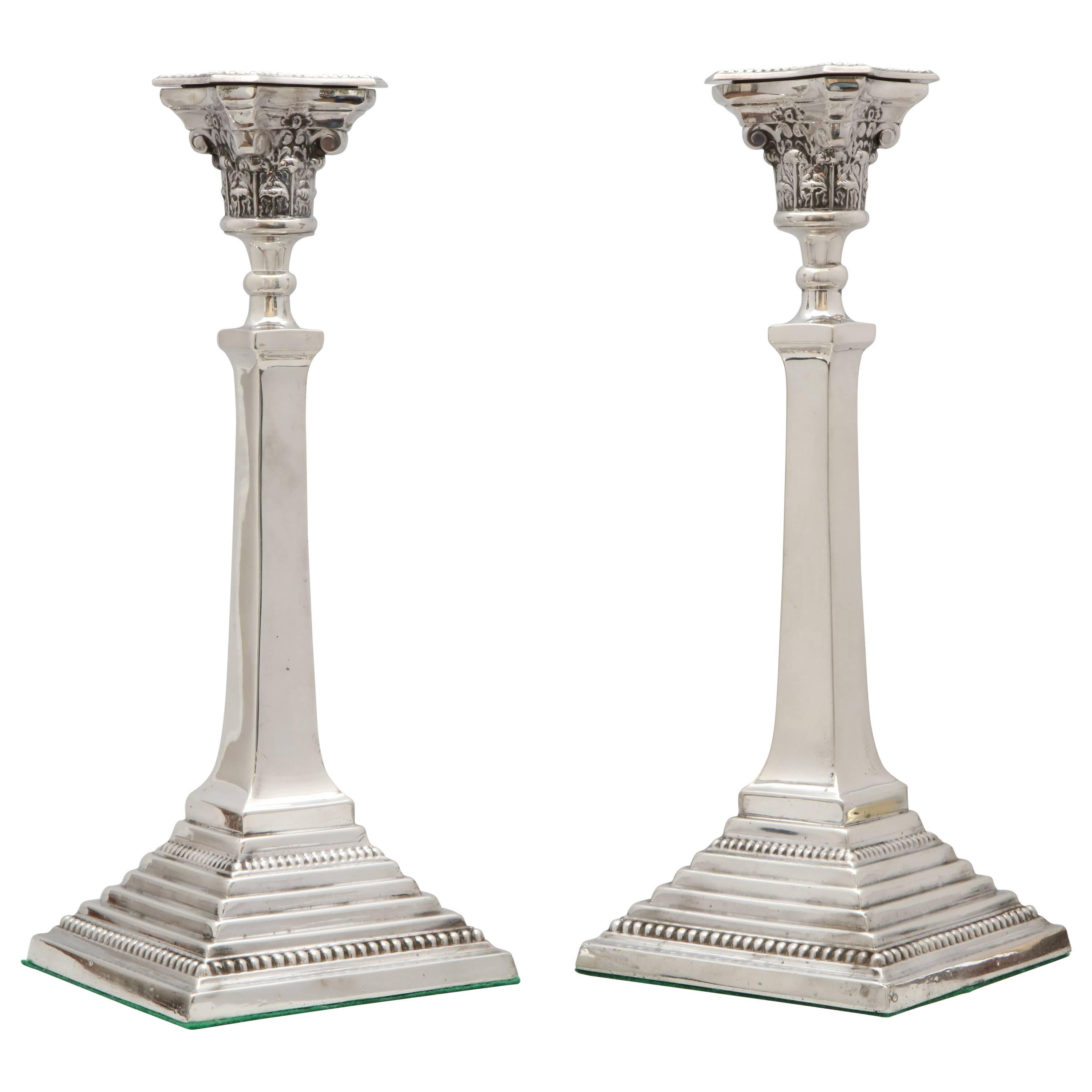 Pair of Tall Edwardian Sterling Silver Neoclassical Column-Form Candlesticks