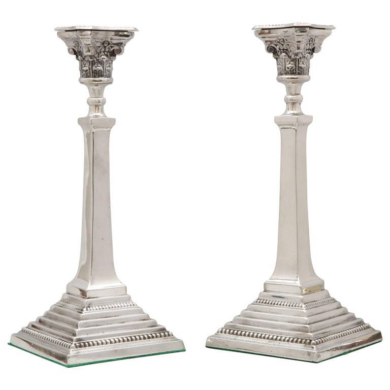 Pair of Tall Edwardian Sterling Silver Neoclassical Column-Form Candlesticks For Sale