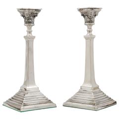 Pair of Tall Edwardian Sterling Silver Neoclassical Column-Form Candlesticks 6