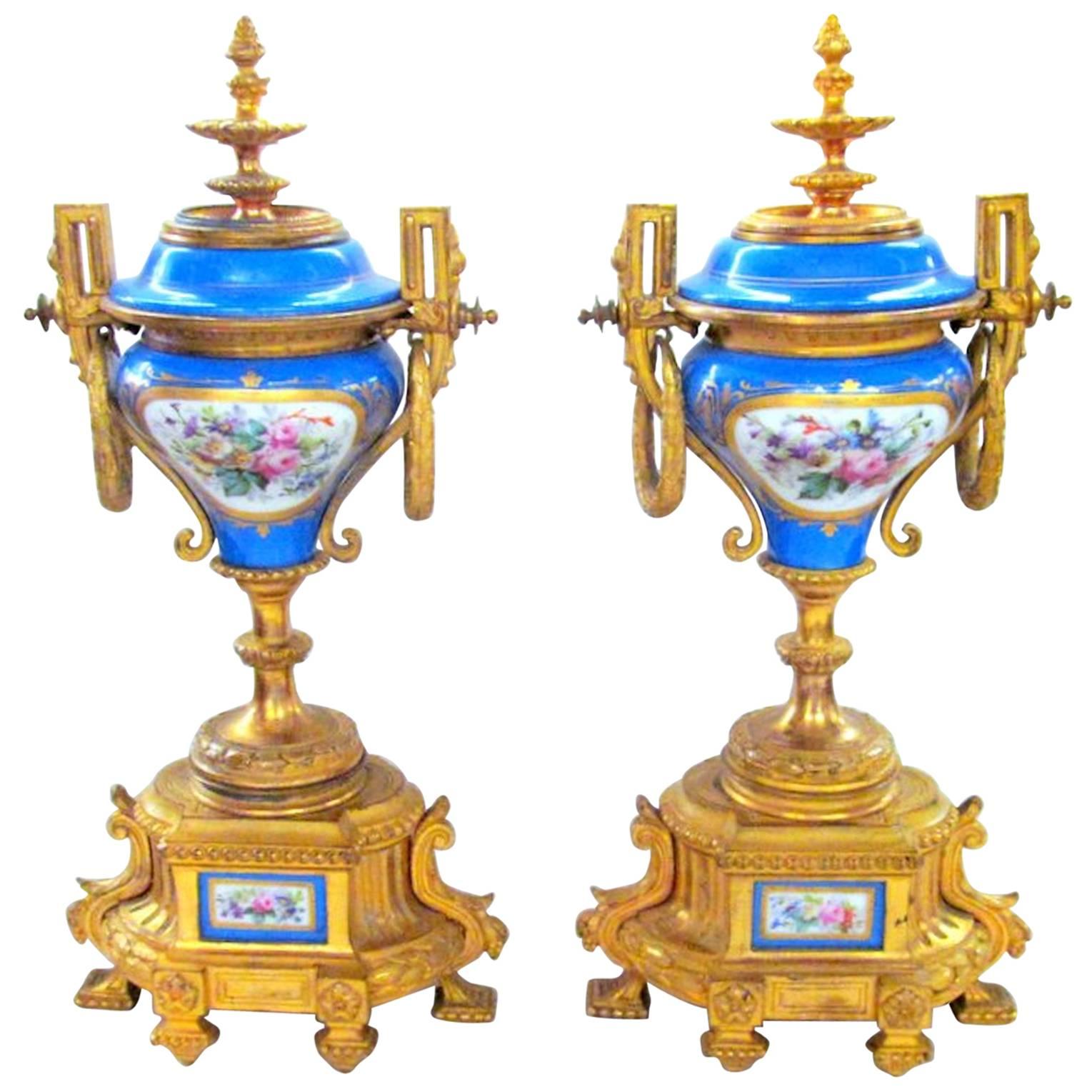 Pair of Antique French Sèvres-style Porcelain and Ormolu Mounted Cassolettes