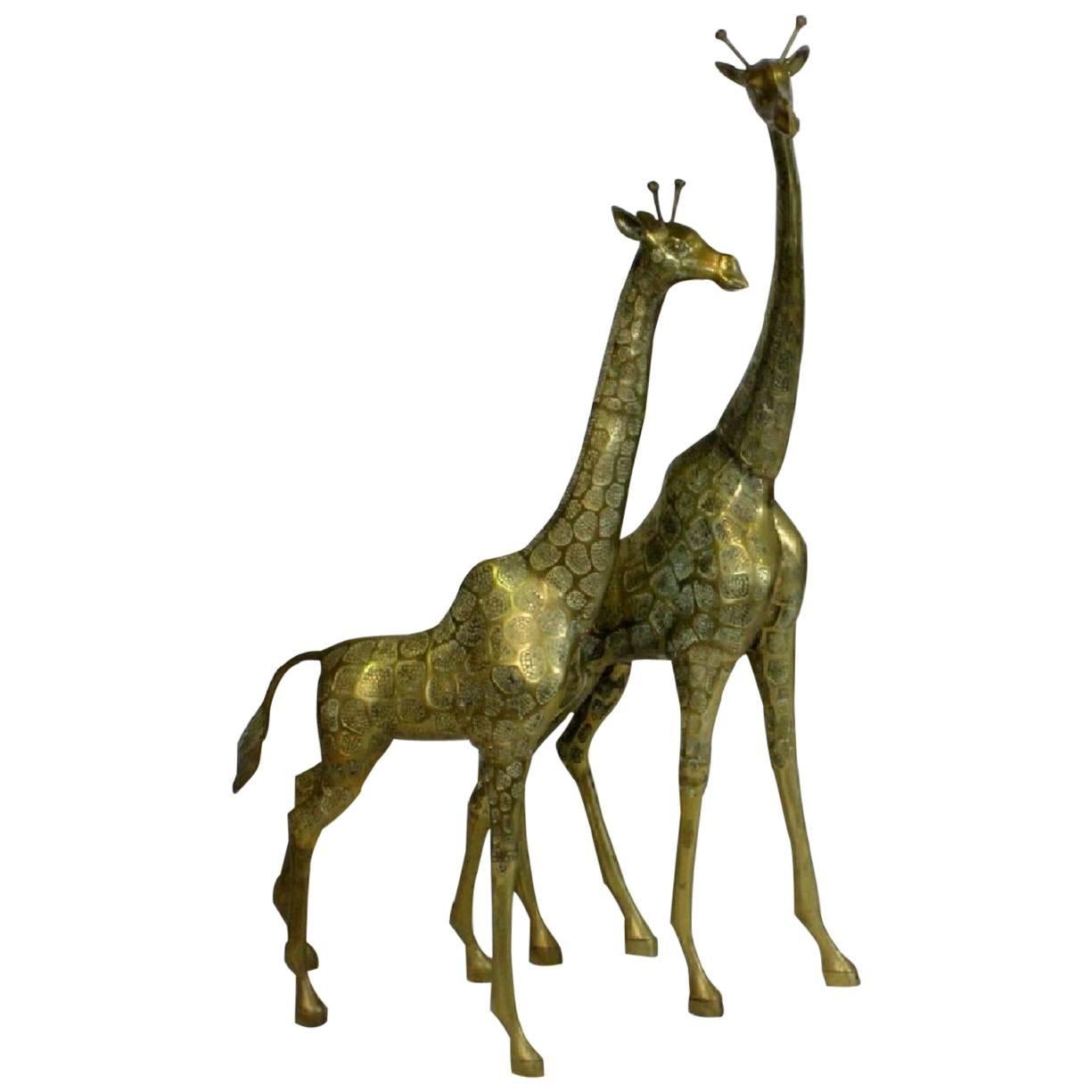 Pair Hollywood Regency Style Brass Giraffe Sculptures, Male and Female, 1970s