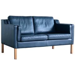Børge Mogensen Model 2212 Style Two-Seat Sofa in Dark Sapphire Leather by Stouby
