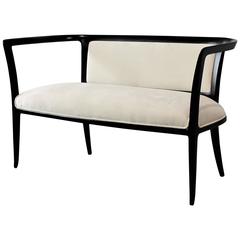 Sculptural Open Arm Settee or Bench Ebonized with White Velvet, 1940s