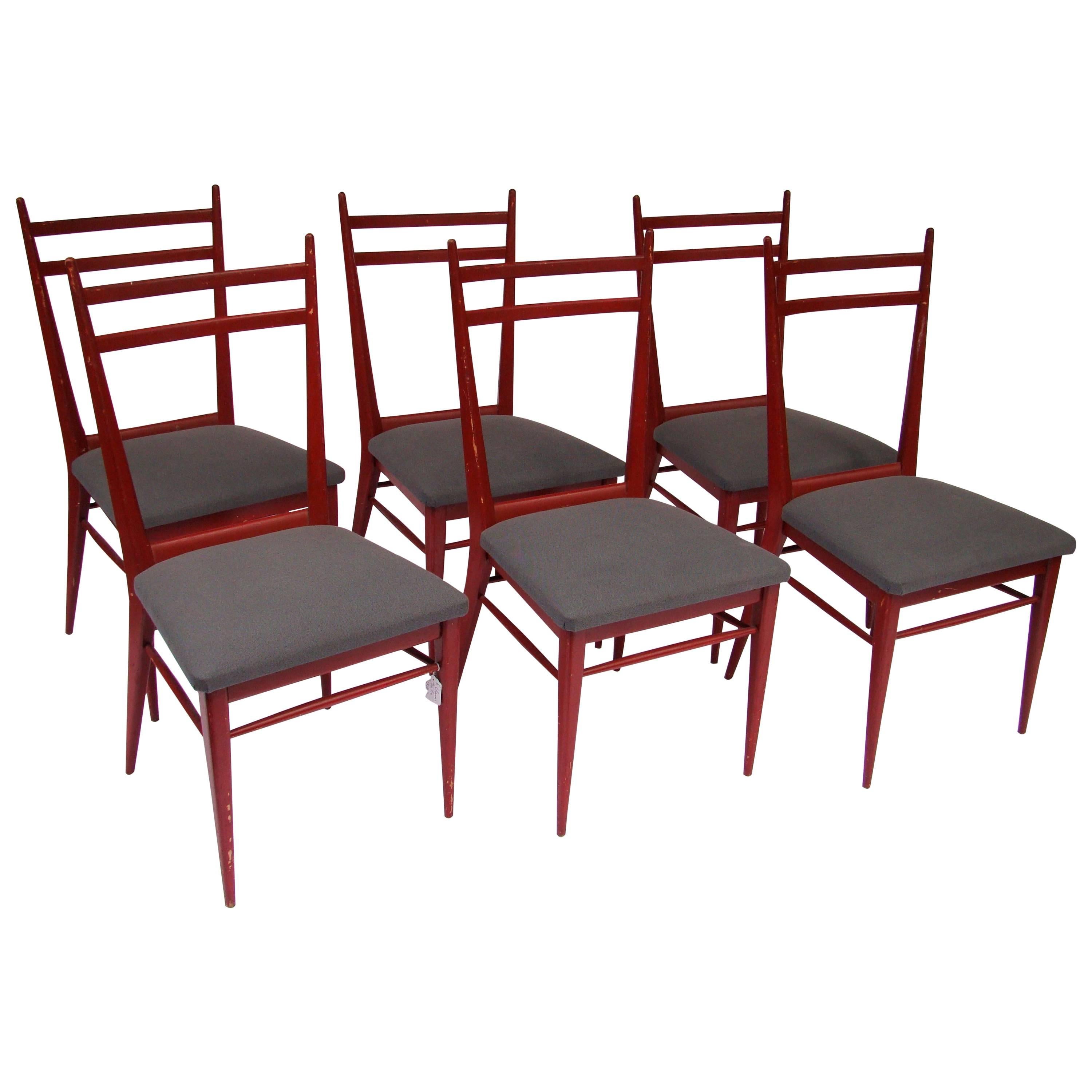 1950s Italian Red Painted Beech Tree and Fabric Set of Six Chairs For Sale