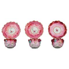 Antique Set of Three Famille Rose Tea Bowls and Saucers in the Form of Lotus, 1750