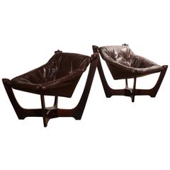 Set of Brown Leather Easy Chairs, 1980s