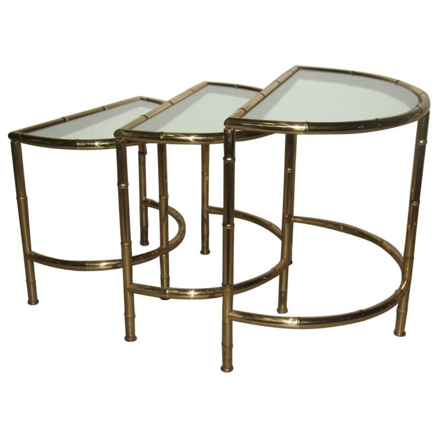 Curved Nesting Table Coffee 1970s Solid Brass  Italian Design Bamboo Shape  For Sale