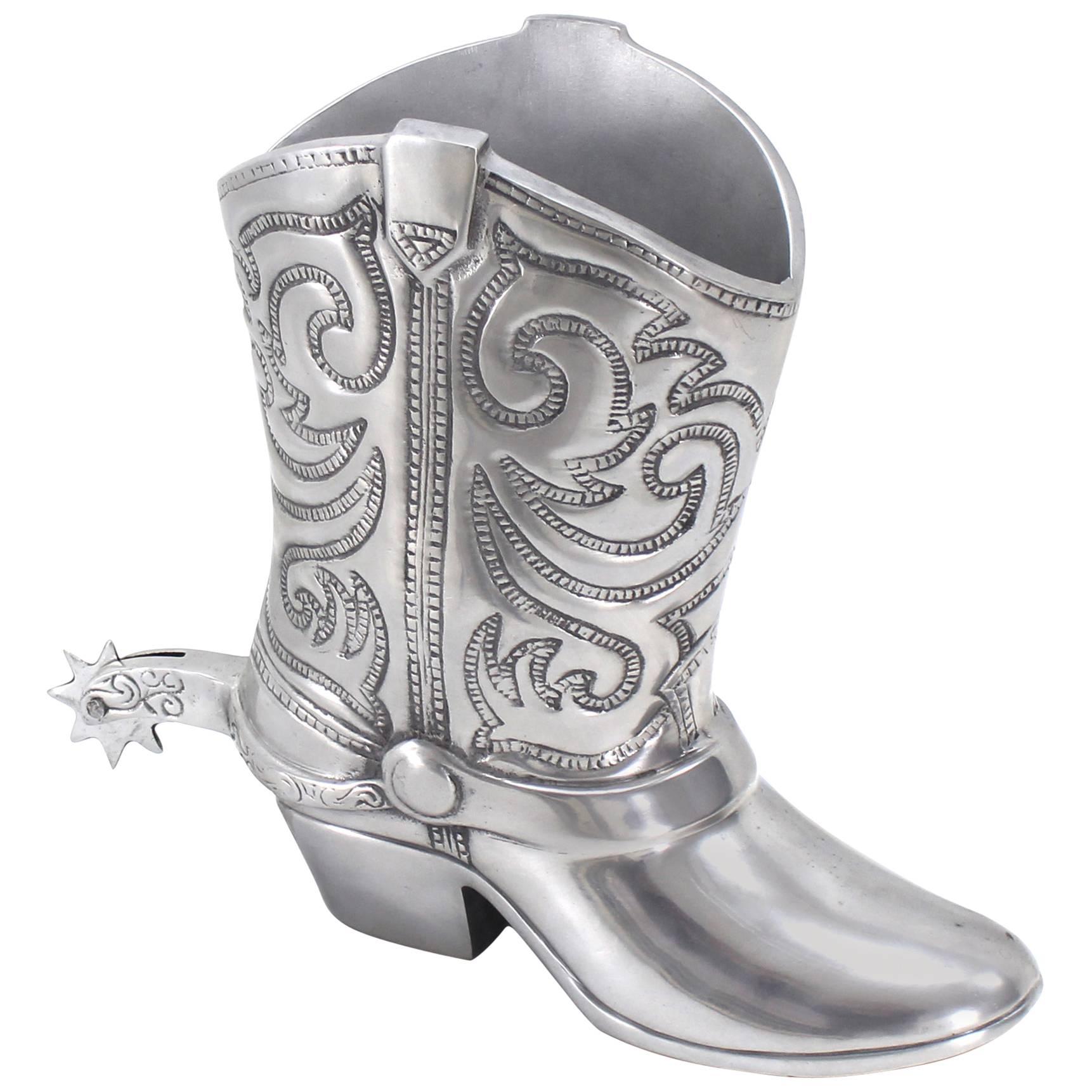 Large Cast Metal Western Boot Vase Planter Towle Silver For Sale
