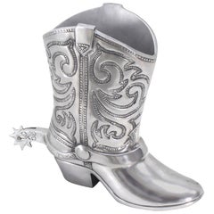 Retro Large Cast Metal Western Boot Vase Planter Towle Silver