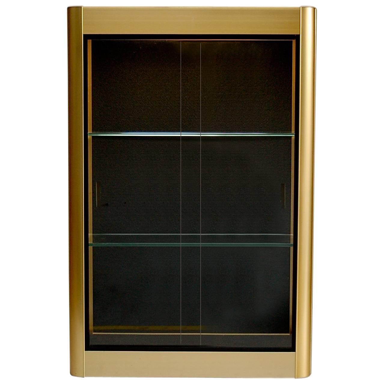 Gold Colored Wall Display Cabinet or Vitrine with Sliding Glass Doors, 1970s