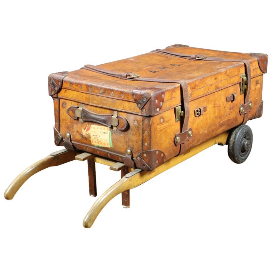1930s Leather Trunk Fixed on Old Trolley For Sale