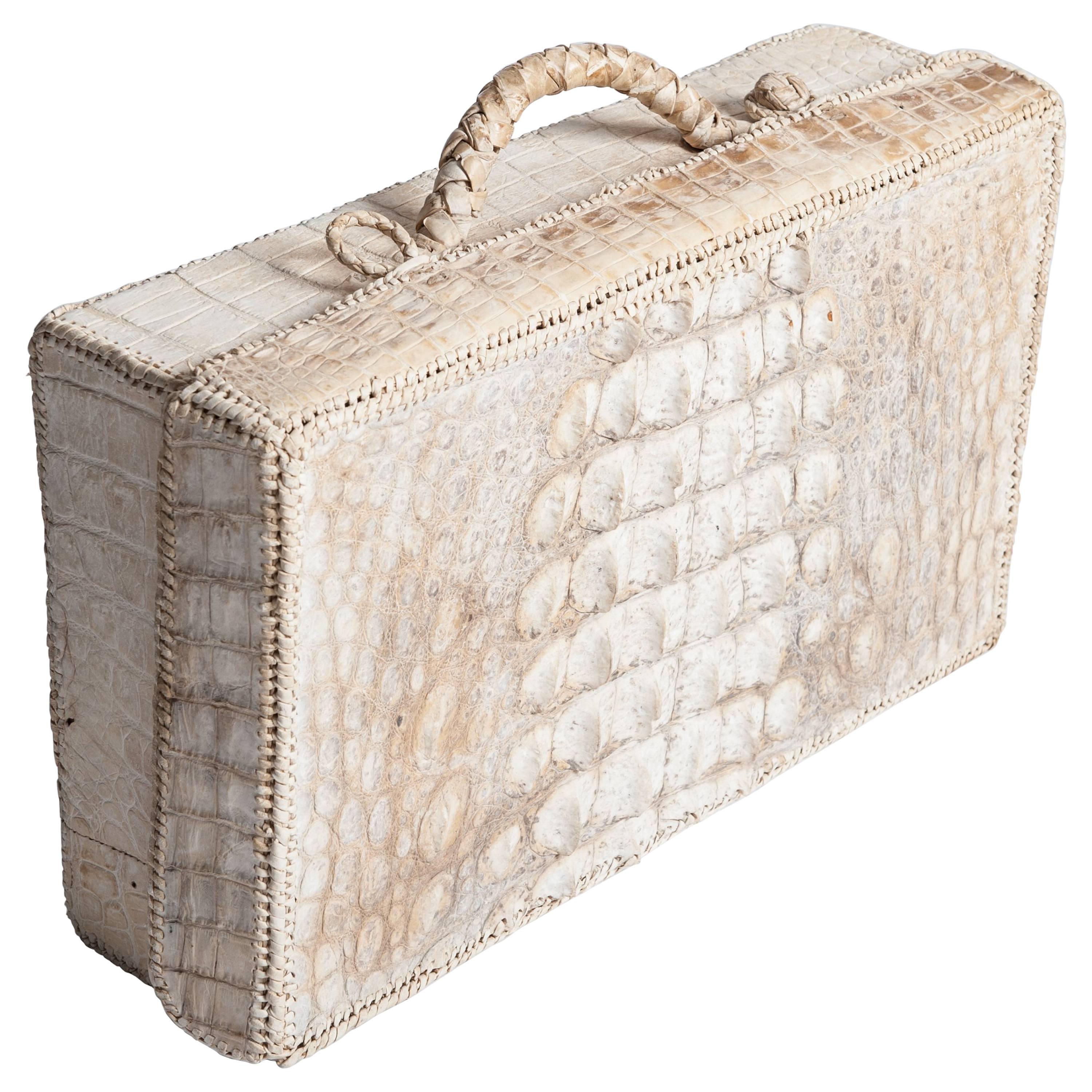 Unique French Art DÉco Picnic Case Creme-White Hornback Croco Leather 1930s