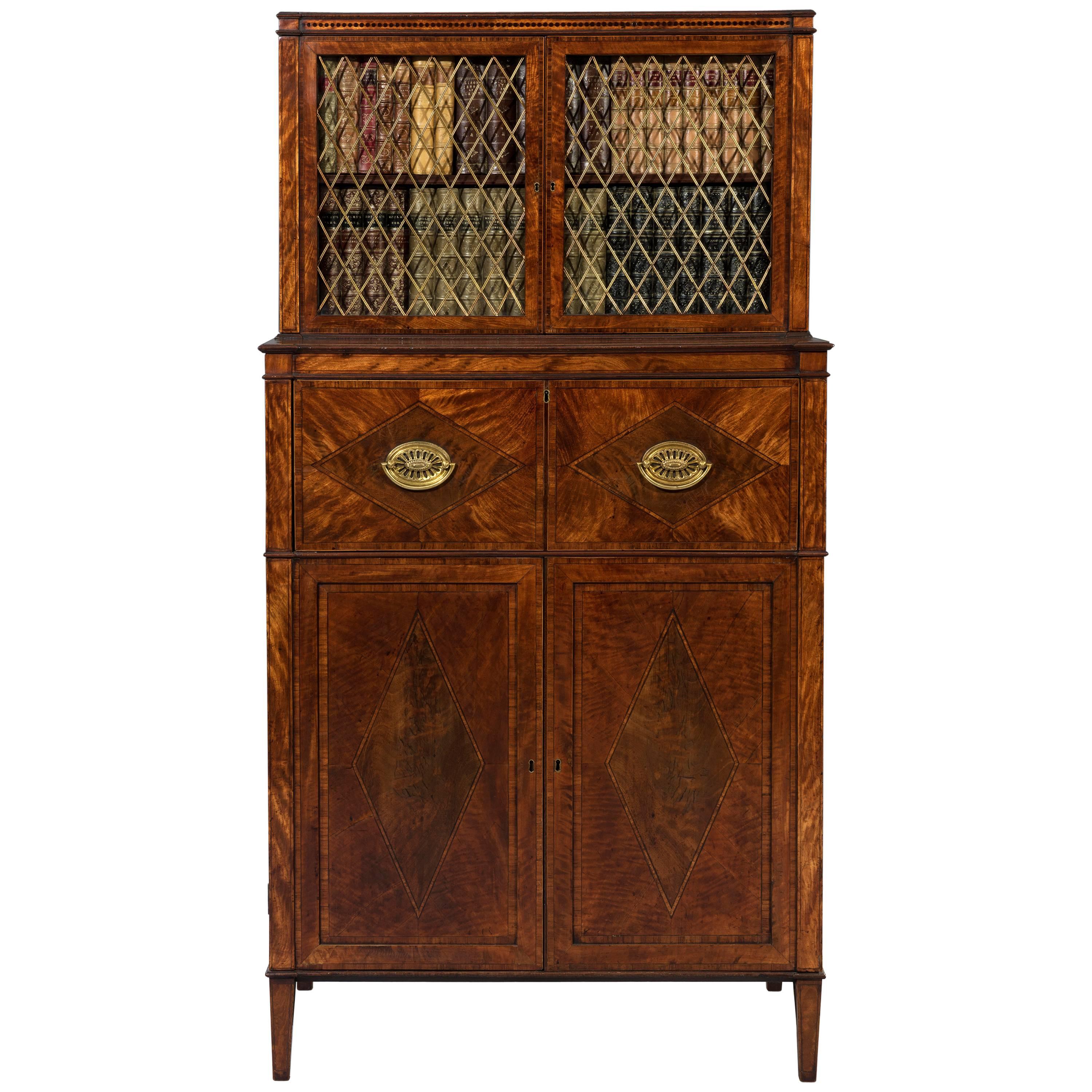 George III Sheraton 18th Century Satinwood Inlaid Secrétaire Dwarf Bookcase For Sale