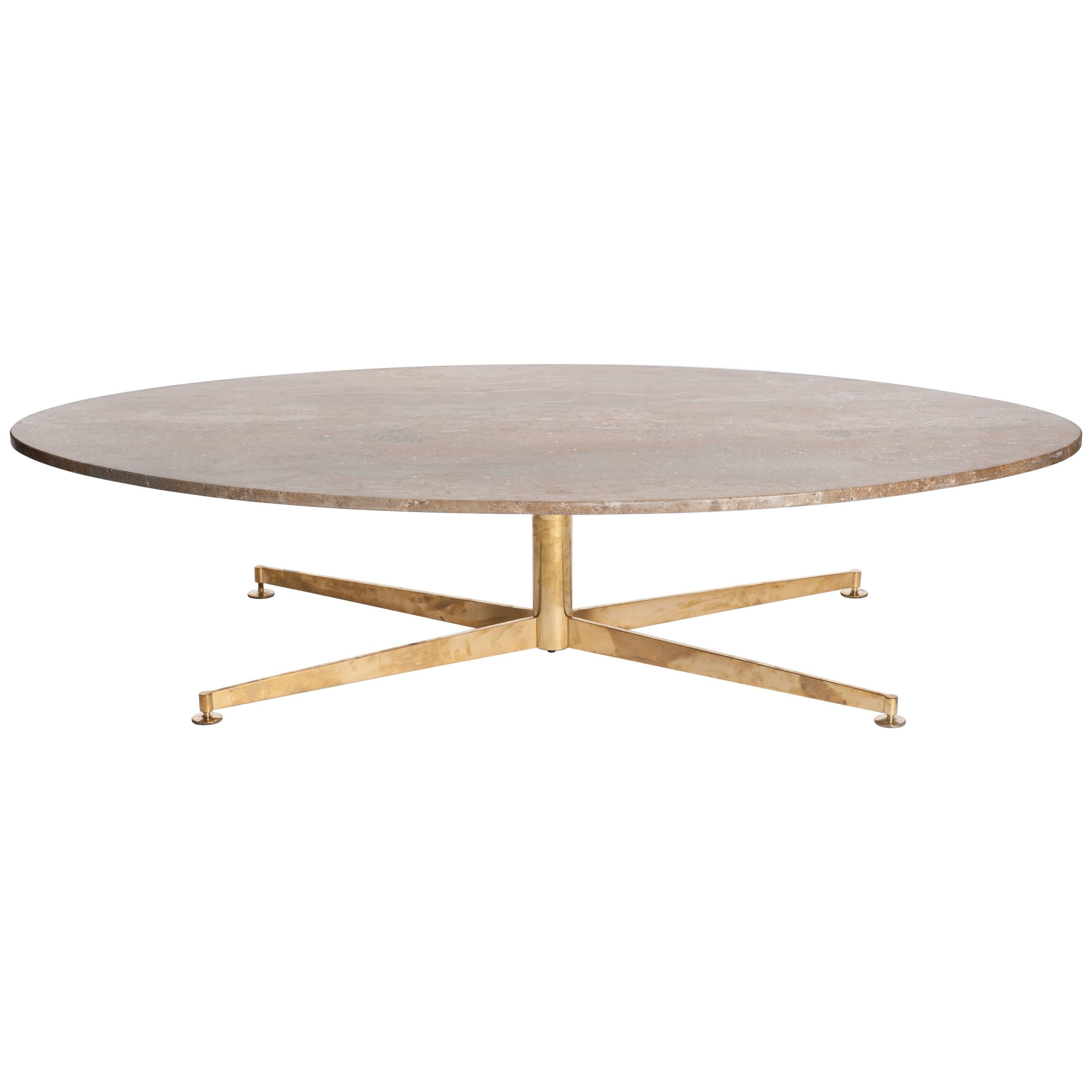 Mid-Century, Oval Shaped Sofa Table in Brass-Travertine Combined by Arflex