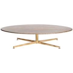 Mid-Century, Oval Shaped Sofa Table in Brass-Travertine Combined by Arflex