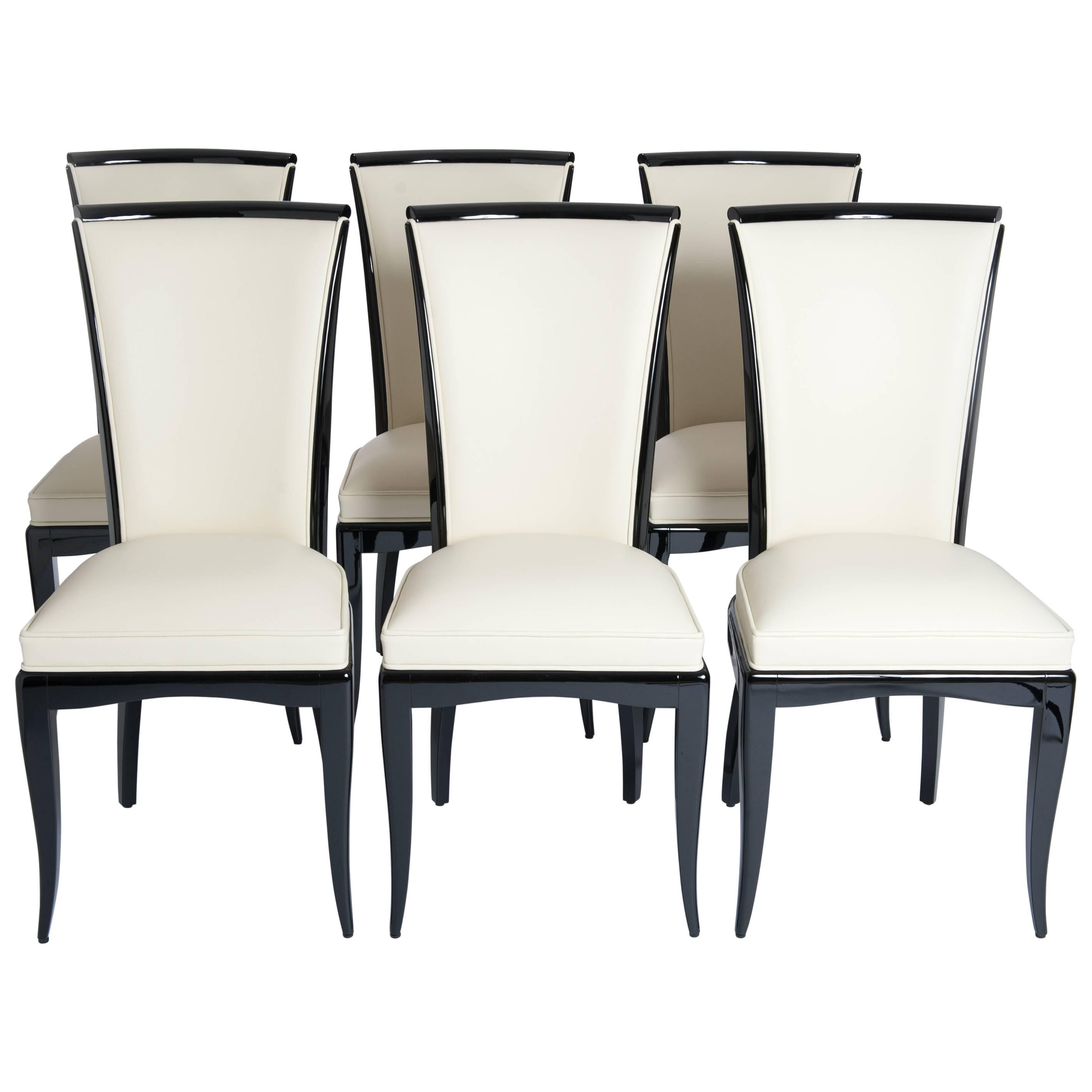 Set of Six Elegant, French Art Deco Dining Chairs, Re-Lacquered, Re-Upholstery