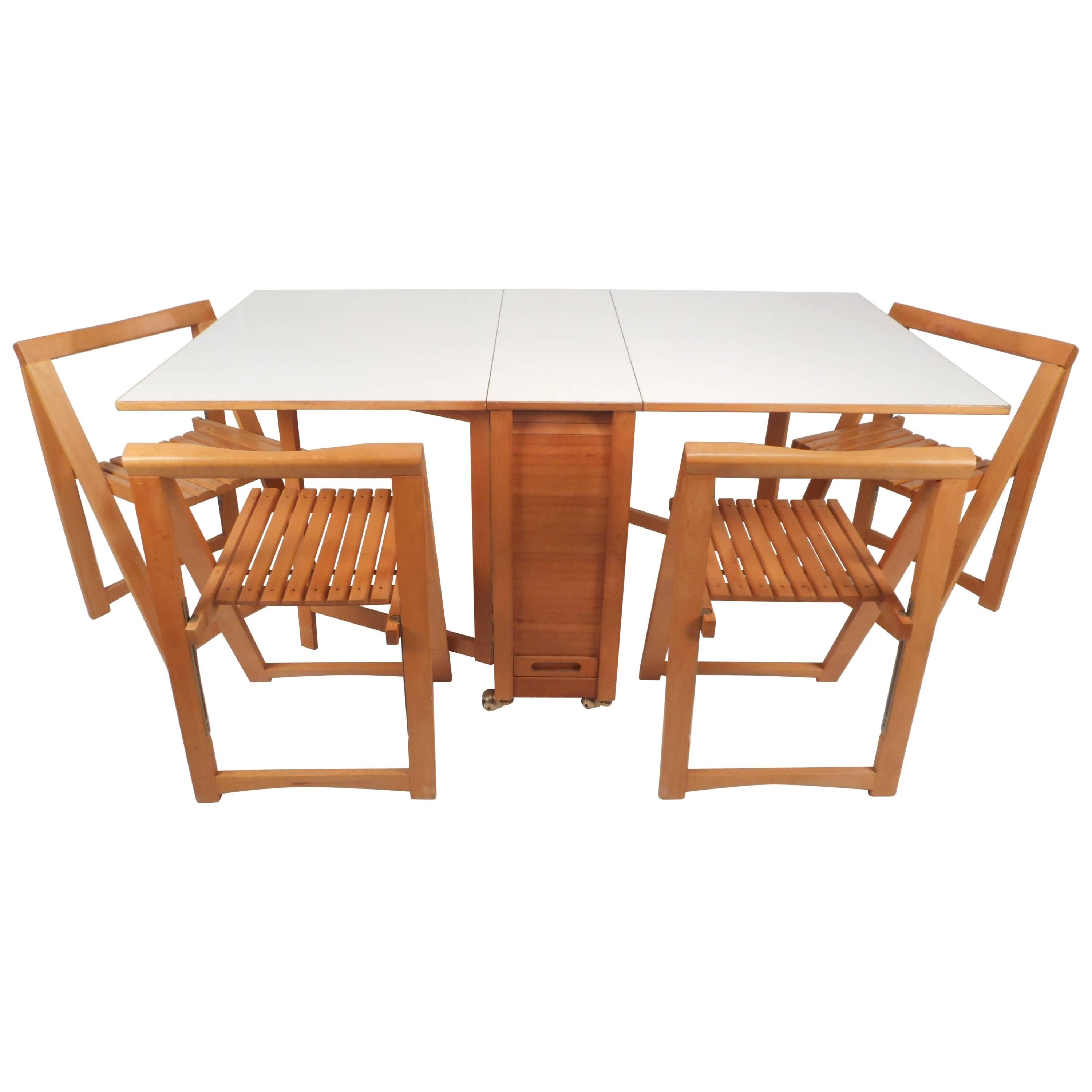 Mid-Century Modern Compact Drop-Leaf Dining Table with Chairs