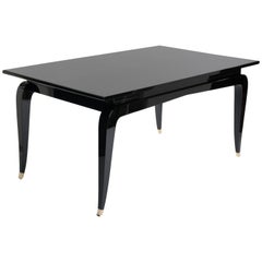 French Rectangular Art Deco Dining Table Black Lacquer Four Tapered Legs