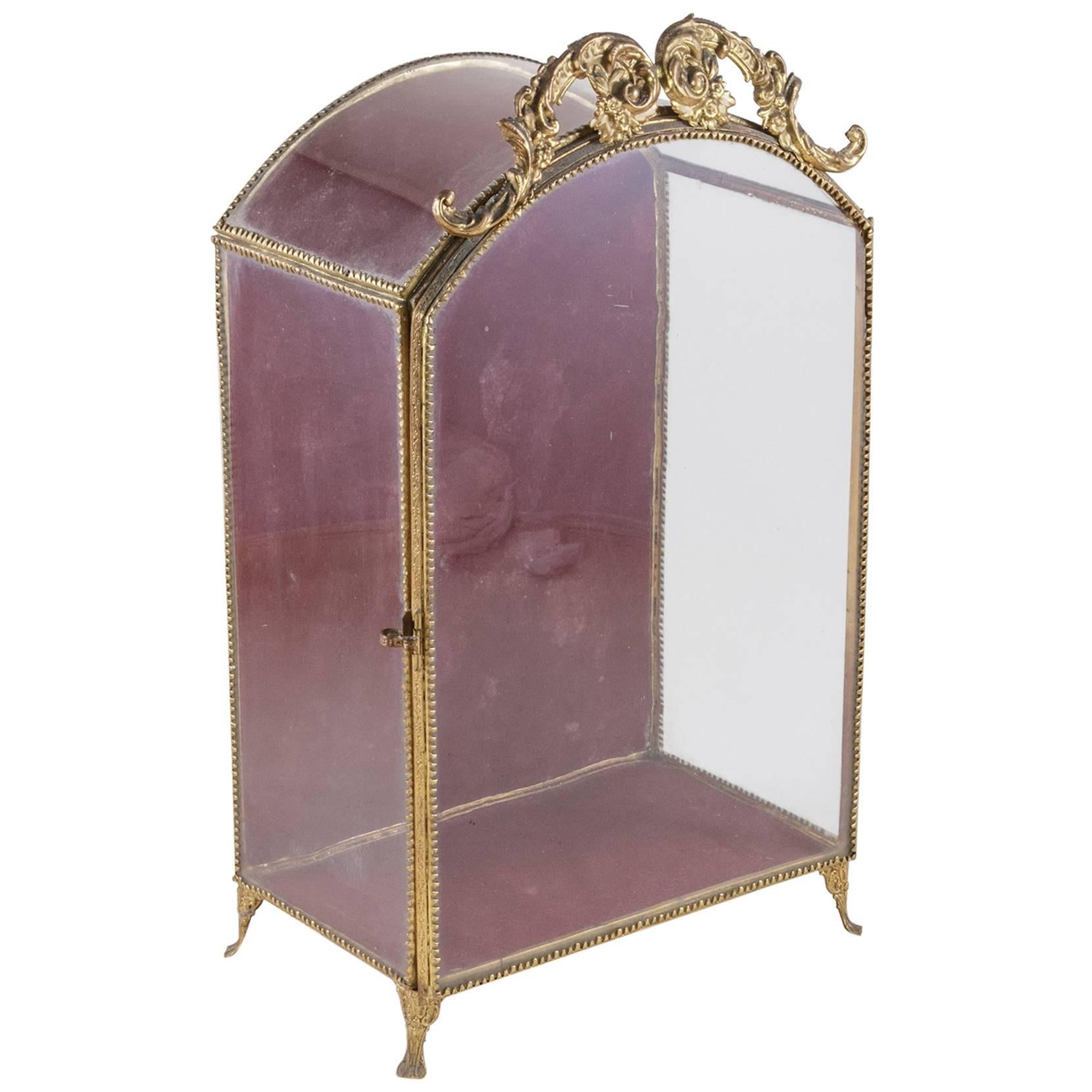 19th Century Brass Tabletop Vitrine Velvet Lined Display Box with Original Glass