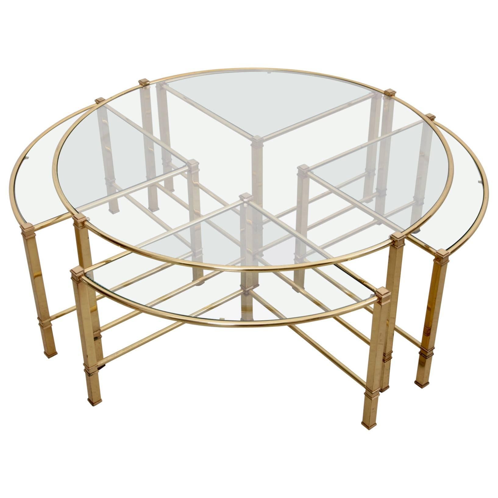 Huge Round Coffee Table in Brass with Four Nesting Tables by Maison Charles