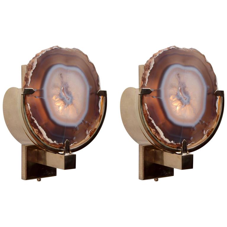 Pair of Wonderful Agate Stone and Brass Wall Lamps or Sconces at 1stdibs