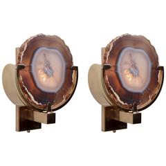 Pair of Wonderful Agate Stone and Brass Wall Lamps or Sconces