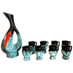 French, Mid-Century Modernism Pitcher and Eight Cups Set by Vallauris Faience 4