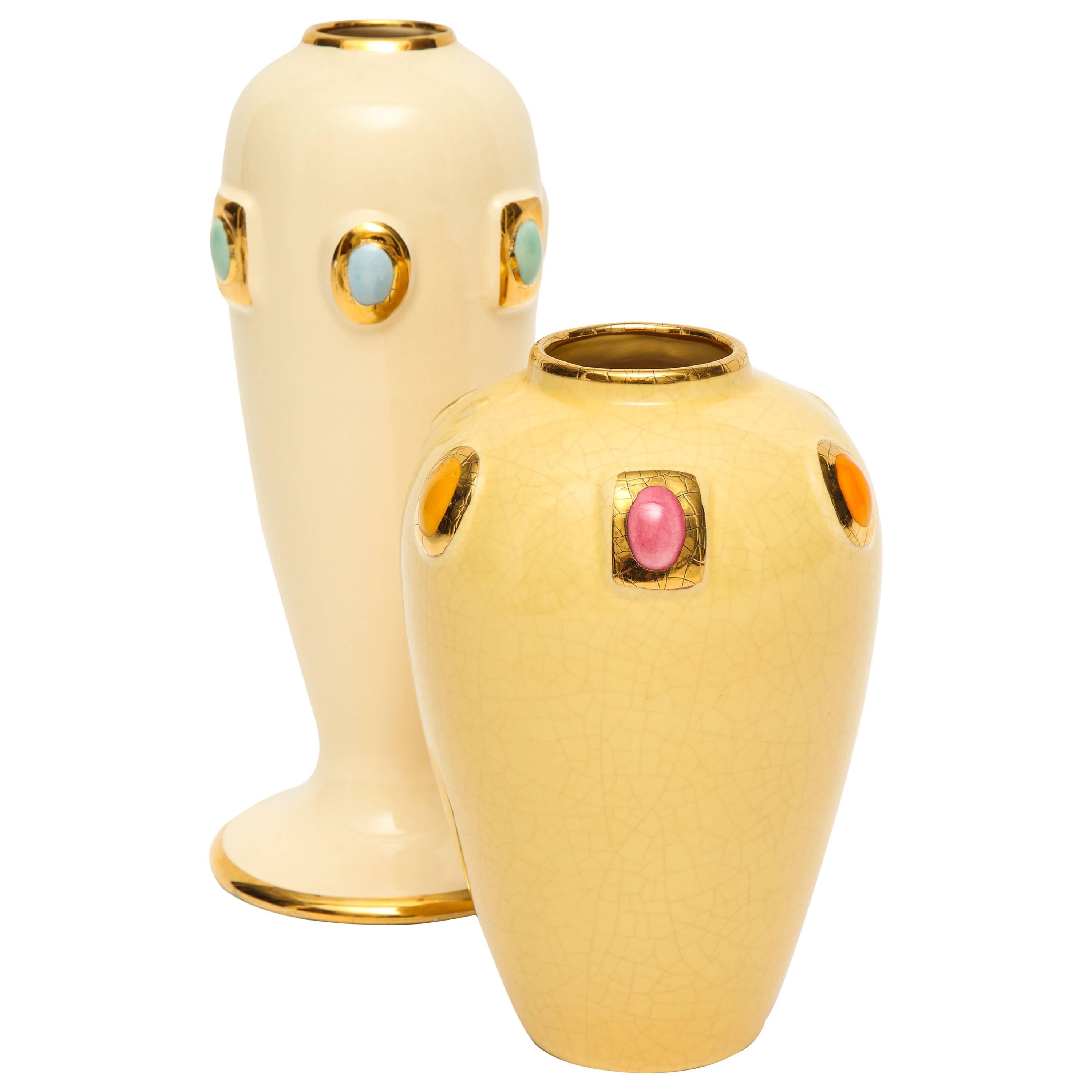 Longwy Pair of Ceramic Vases Gold Enamel Encrusted Jewels France MidCentury at 1stDibs