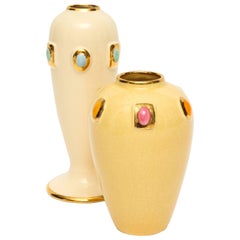 Longwy Pair of Ceramic Vases Gold Enamel Encrusted Jewels France Mid-Century