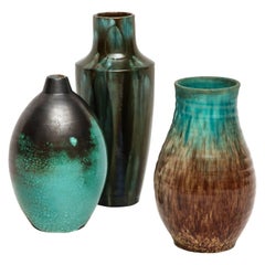 Primavera Accolay Massier Ceramic Green Black Vases, France, 1930s Mid-Century