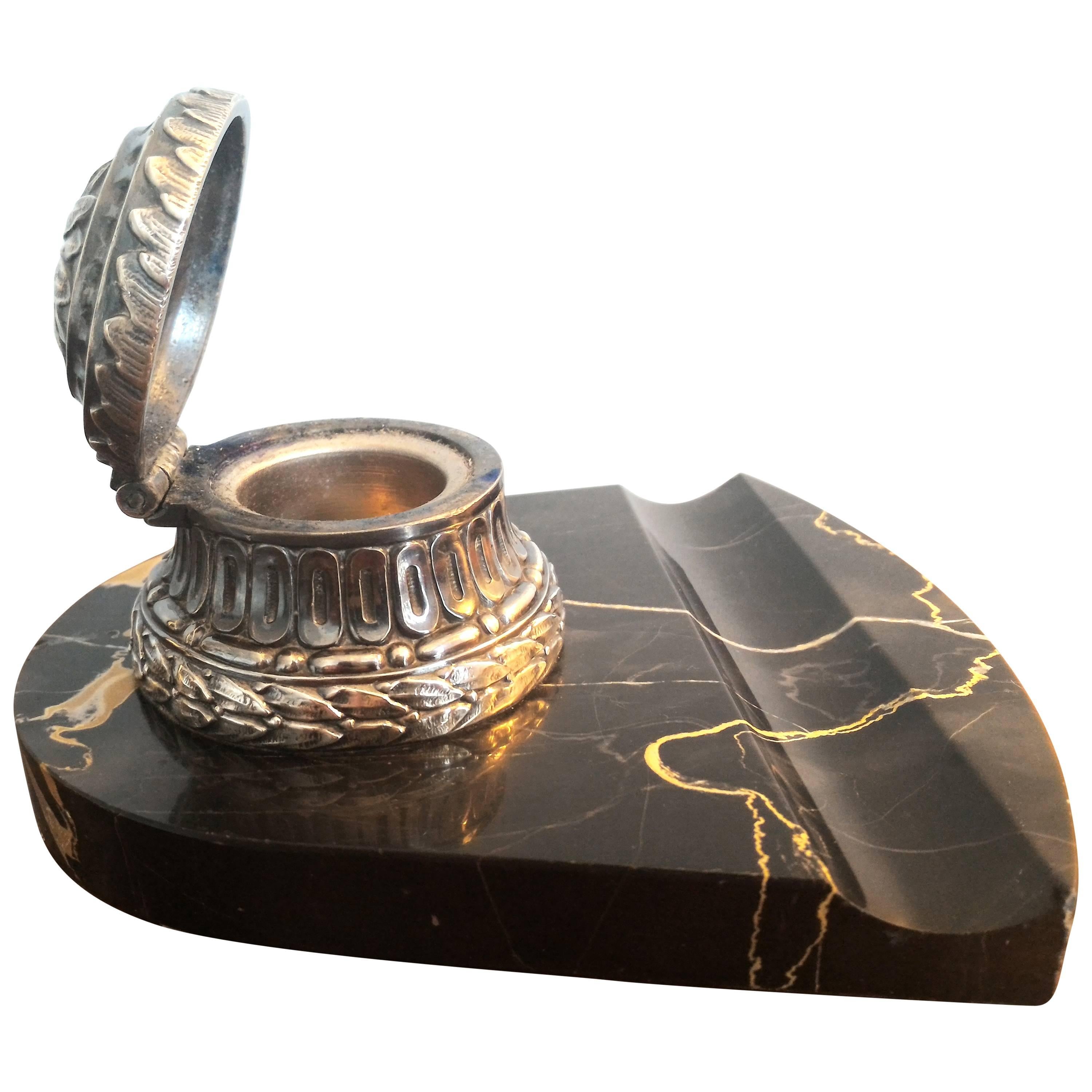 Late 19th Century Portor Black and Gold Marble Base Inkwell 
