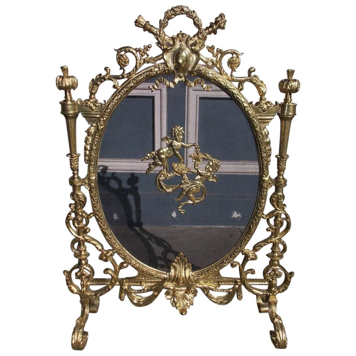French Gilt Bronze Cherub and Decorative Floral Acanthus Firescreen, Circa 1830 For Sale