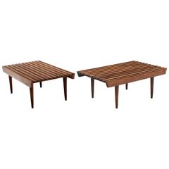 Pair of Danish Mid-Century Modern Short Slat Wood Benches