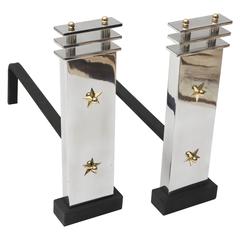 Set of American Art Deco Fire Place Andirons in Aluminum and Brass