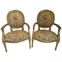 Pair of French Gilded Armchairs with Aubusson Tapestry, 19th Century