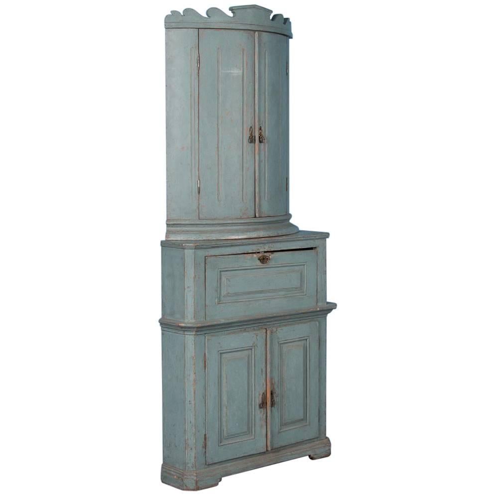 Antique 19th Century Swedish Gustavian Original Blue Painted Corner Cabinet