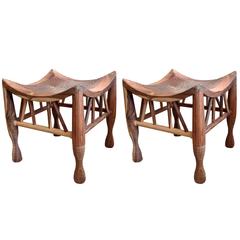 Pair of Artisan Crafted Wood and Hammered Copper Stools