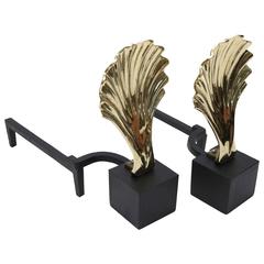 Set of Hollywood Regency Style Andirons with Shell Motif in Brass